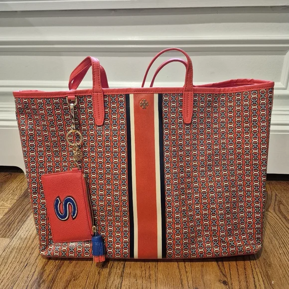 Tory Burch Red and Blue Patterned Tote Bag - Picture 1 of 4
